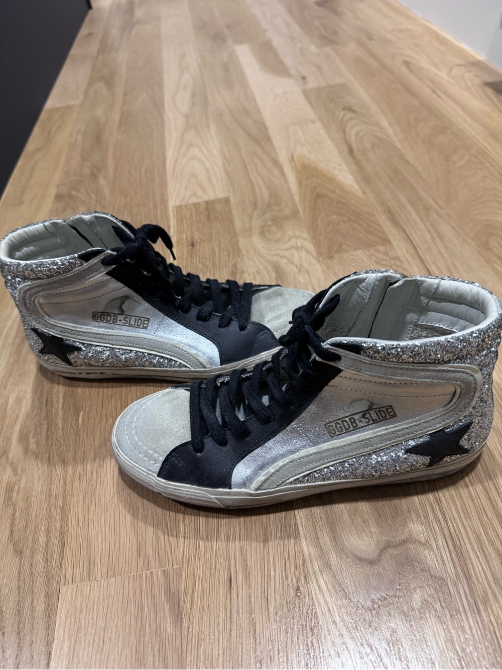 Golden Goose High-Top Suede & Glitter Panel Sneakers in Black and Gray